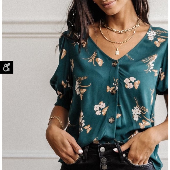 Boho Teal floral V-Neck - Picture 2 of 5